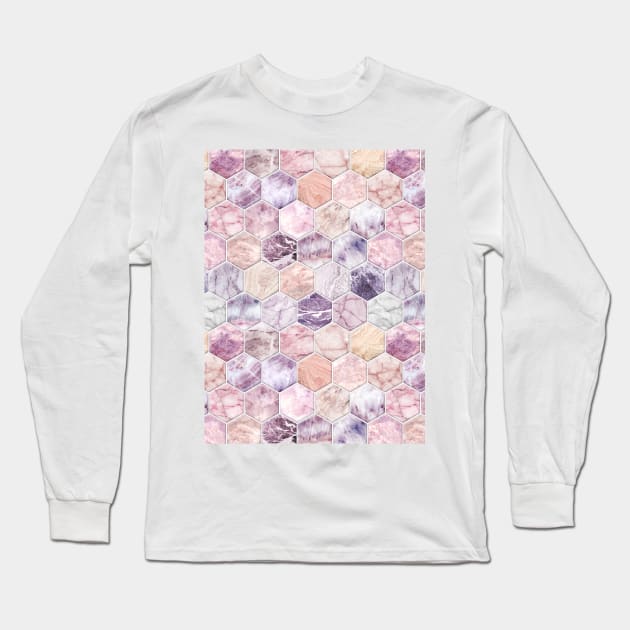 Rose Quartz and Amethyst Stone and Marble Hexagon Tiles Long Sleeve T-Shirt by micklyn